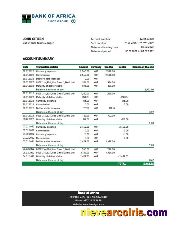 Niger Bank of Africa bank statement Excel and PDF